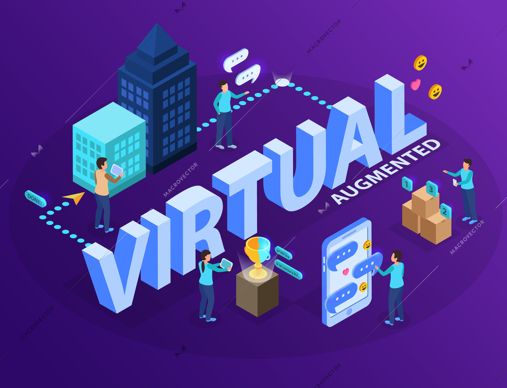 Virtual augmented reality experience software allowing users visualizing  objects with tablets mobiles isometric infographic composition vector illustration