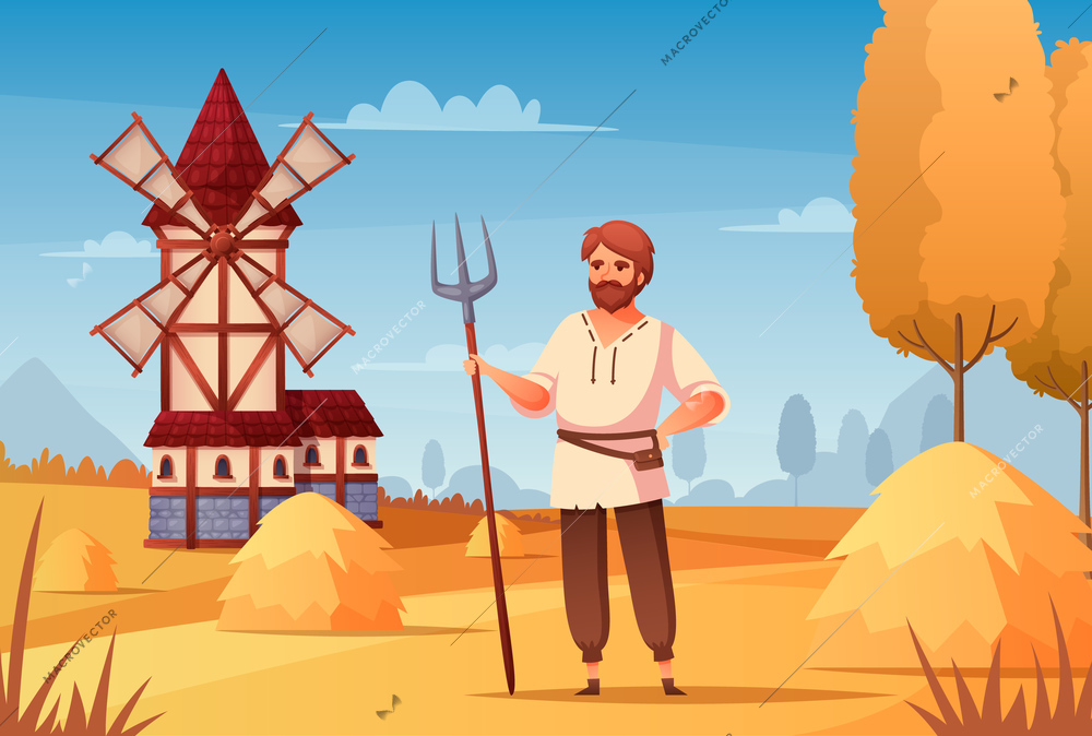 Medieval peasant cartoon background with windmill and labor symbols vector illustration