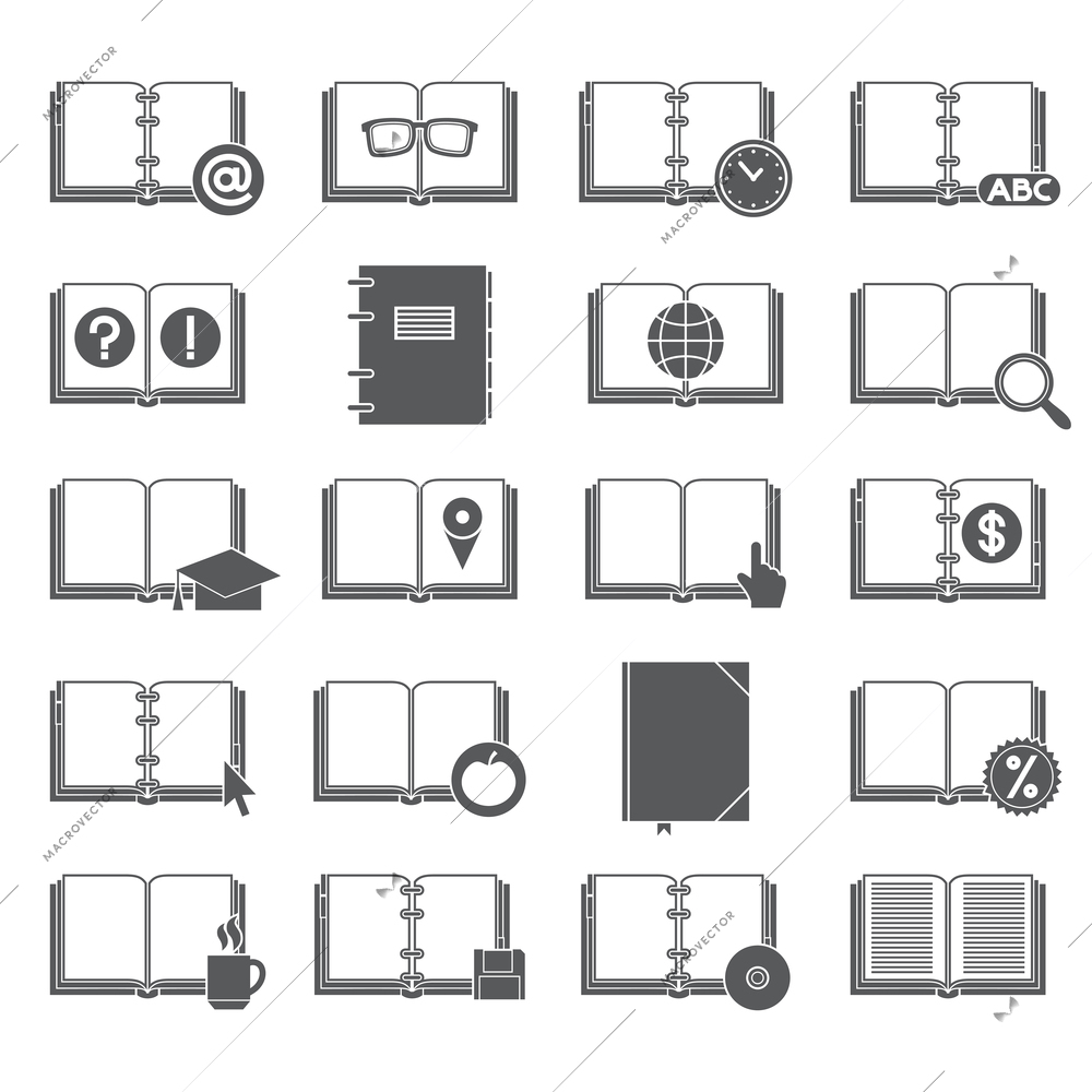 Book library collection black silhouette icons set with education and business symbols isolated vector illustration