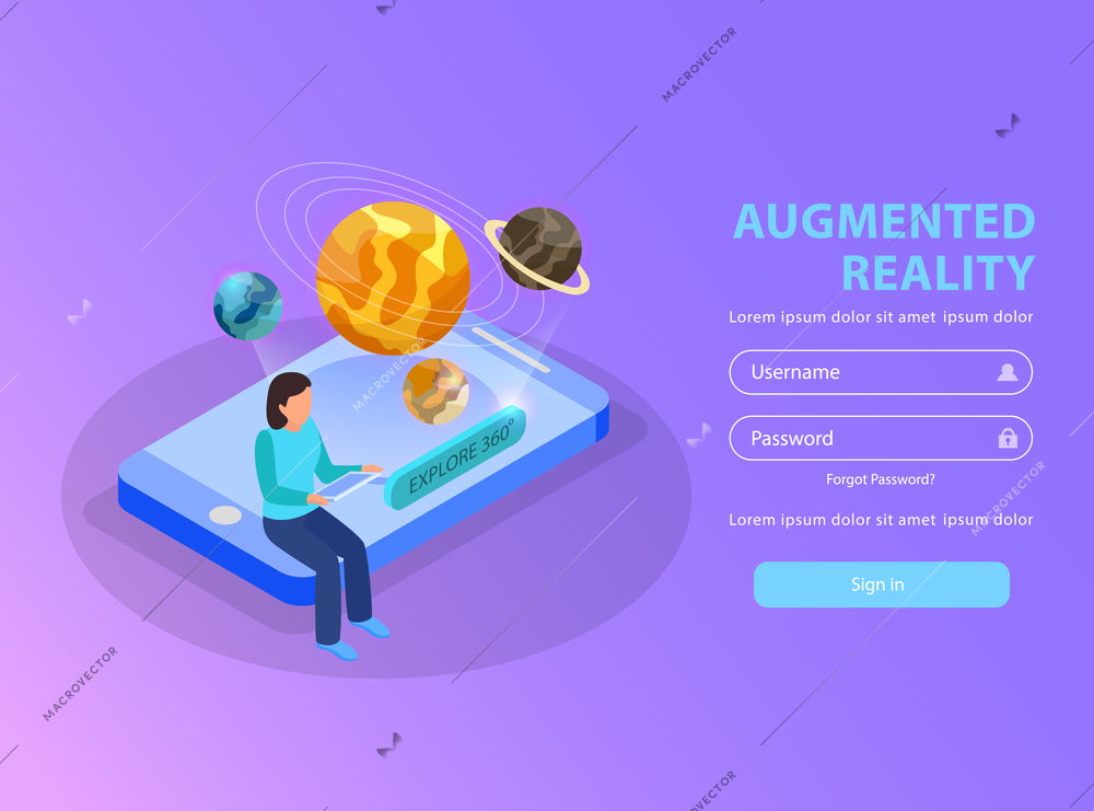 Augmented reality educative site  isometric landing page with woman visualizing solar system using smartphone background vector illustration