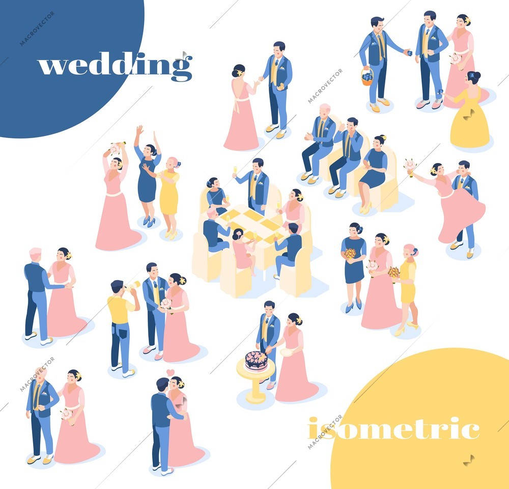 Wedding isometric icons recolor set of bride and groom in festive clothes with guests and friends on wedding ceremony isolated vector illustration