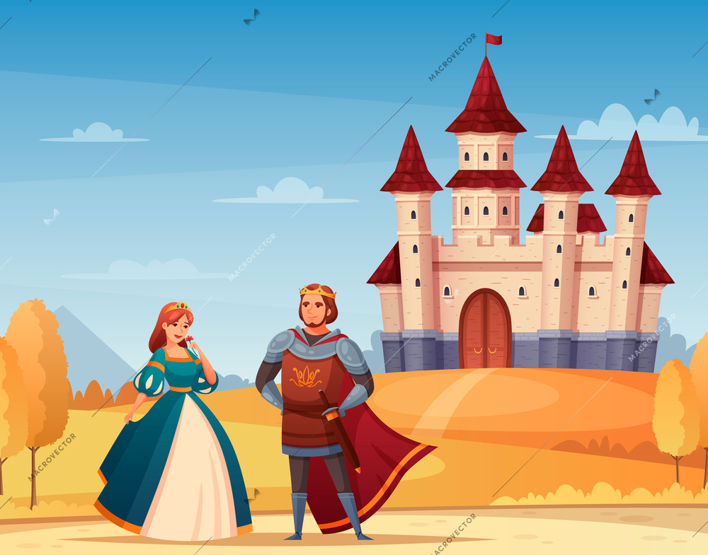Medieval characters cartoon background with castle king and queen vector illustration