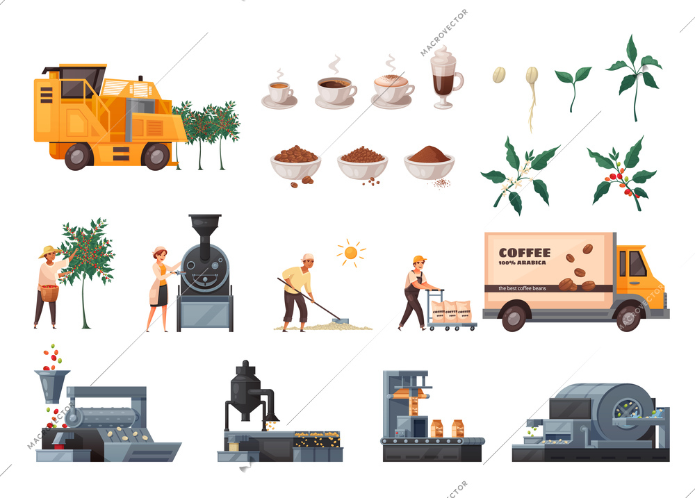 Coffee production cartoon set with industry equipment symbols isolated vector illustration