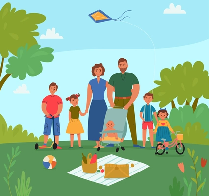 Happy family with five children on holiday having picnic in park flat vector illustration