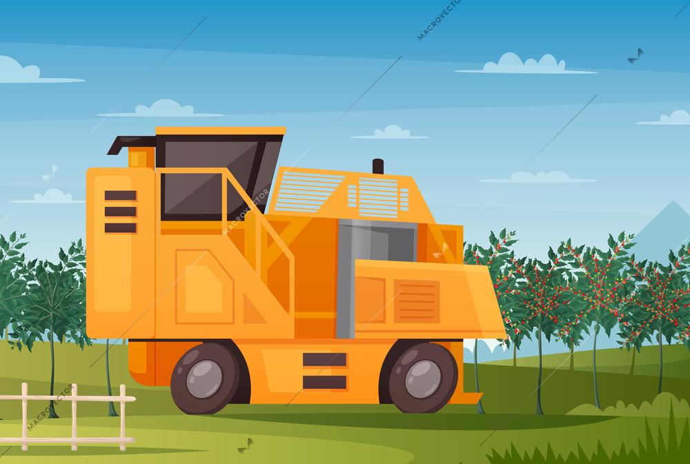 Coffee production background with agriculture machine and harvest symbols cartoon vector illustration