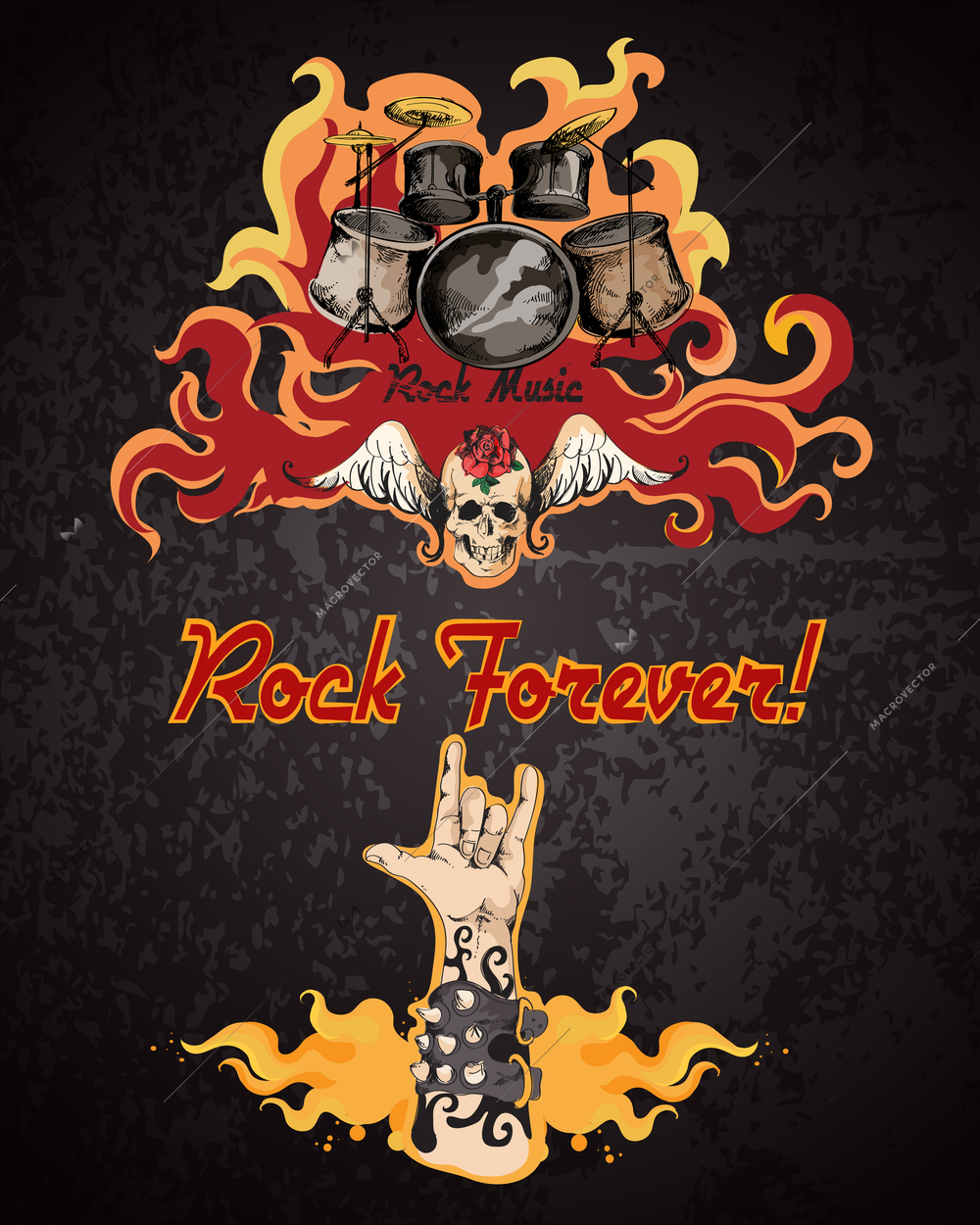 Rock forever music grunge colored retro sketch poster with drum set vector illustration