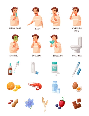 Allergy icons male set with symptoms symbols cartoon isolated vector illustration