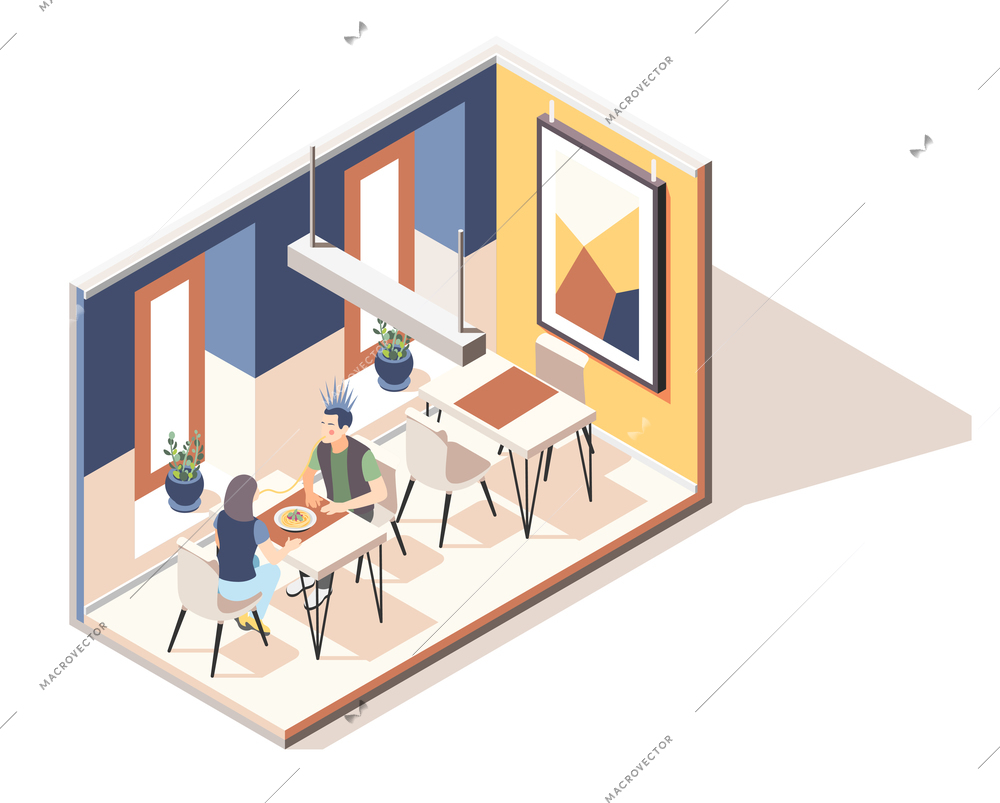 Rendezvous isometric composition with hipster and ordinary girl sitting at table in restaurant vector illustration