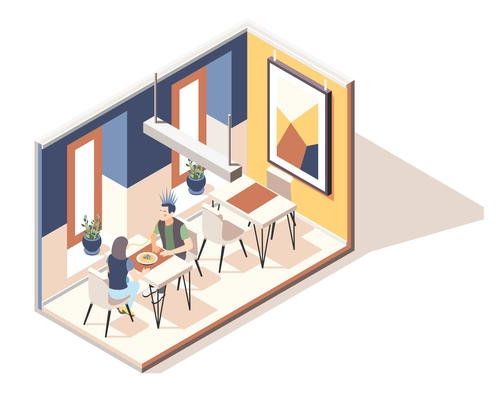 Rendezvous isometric composition with hipster and ordinary girl sitting at table in restaurant vector illustration