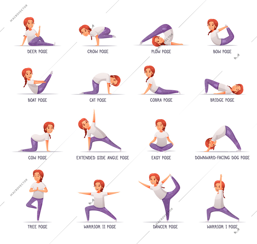 Kids yoga girl icons set with sports symbols cartoon isolated vector illustration