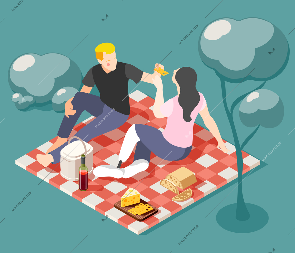 Happy young couple of lovers having  picnic on nature isometric background vector illustration