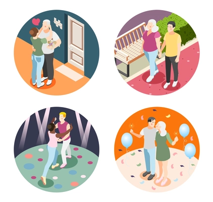 Different couples 2x2 design concept set of happy human pairs of various nationalities and age isometric vector illustration