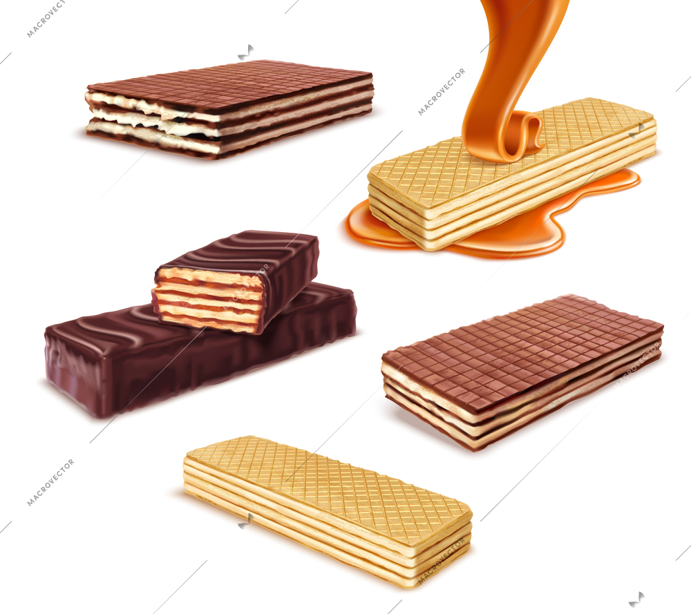 Wafer realistic set on blank background with isolated images of wafers with different taste and flavour vector illustration