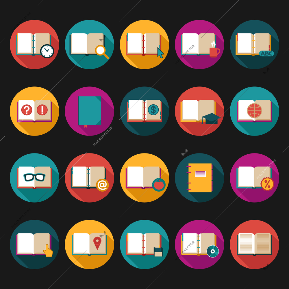 Book literature flat icons set with education and business symbols isolated vector illustration