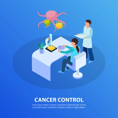 Cancer control isometric blue background symbolic composition with tissue sample laboratory test revealing tumor cells vector illustration