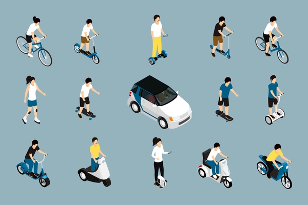 Personal eco green transportation isometric icon set with eco friendly car wheel scooter bike moped vector illustration