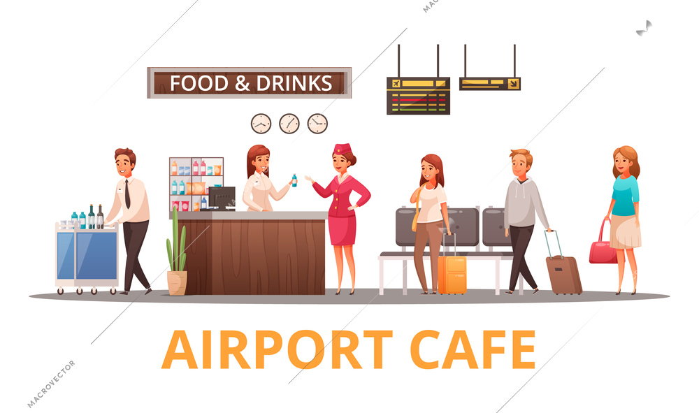 Airport staff and passengers in cafe cartoon vector illustration