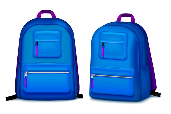 Set with two school backpack realistic images with shadows on blank background and blue college bags vector illustration