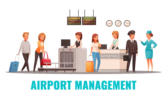 Airport staff and passengers at registration desk and luggage scanner cartoon vector illustration