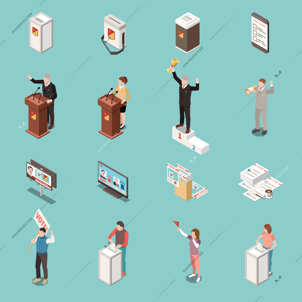 Election voting isometric icons set with people participating in polling campaign debates protest voting opposition and primaries vector illustration