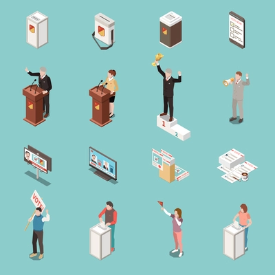 Election voting isometric icons set with people participating in polling campaign debates protest voting opposition and primaries vector illustration