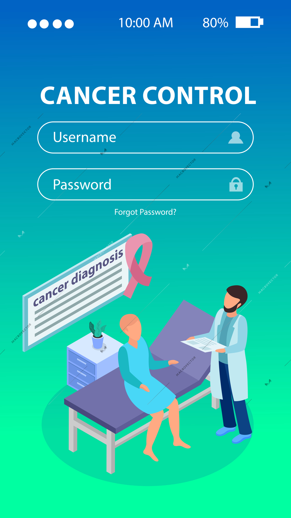 Cancer control medical center smartphone login screen isometric background design with doctor telling patient diagnosis vector illustration