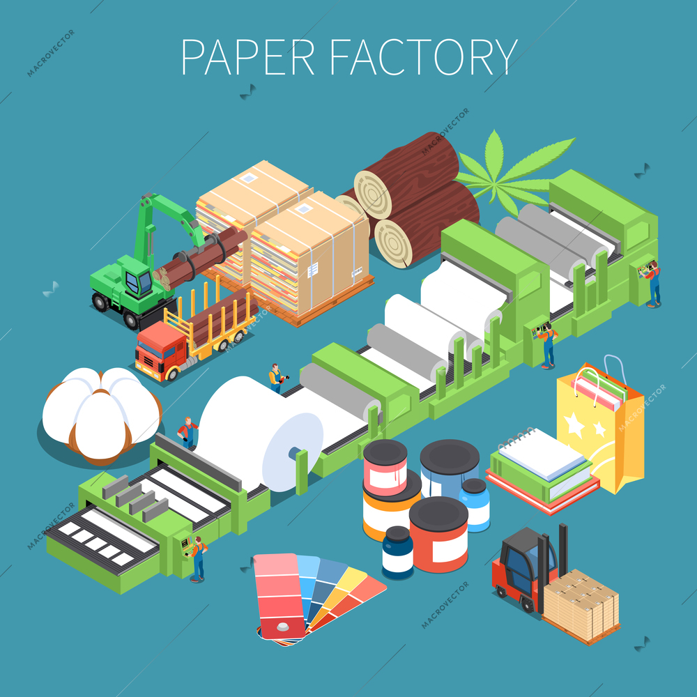 Paper factory isometric background with raw wood materials conveyor for pressing paper and finished production vector Illustration