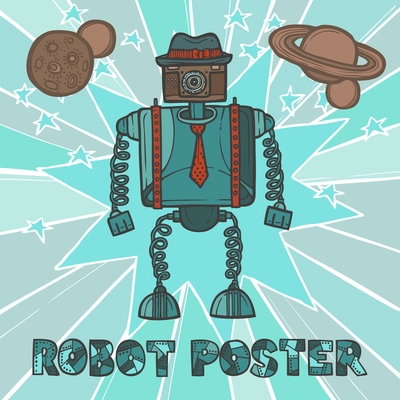 Blue funky robot hipster retro humanoid with hat and tie design poster vector illustration