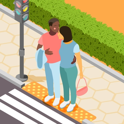 Different couples isometric background with african man and european woman meeting in city park vector illustration