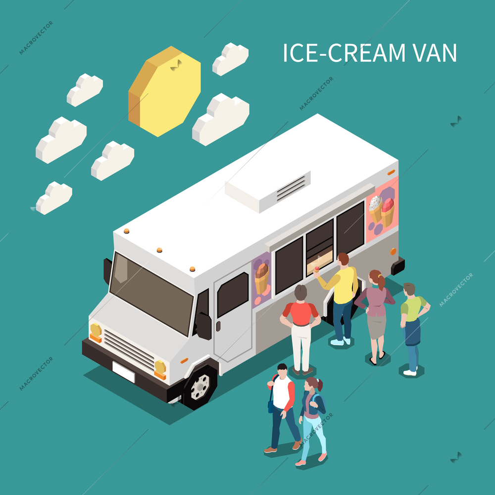 Ice cream van isometric background with people standing near food truck to buy sweet product vector illustration