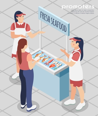 Promoters isometric composition with shop employees standing near promo desk with fresh seafood to customer engagement vector illustration