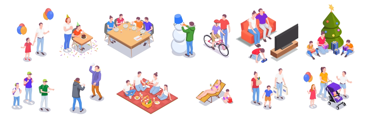 Family holidays isometric collection of isolated objects and human characters of family members relatives with shadows vector illustration