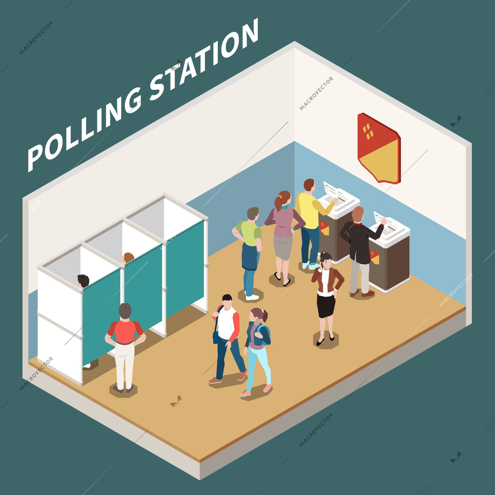 Polling station isometric background with voting booth and electorate participating in voting process vector illustration