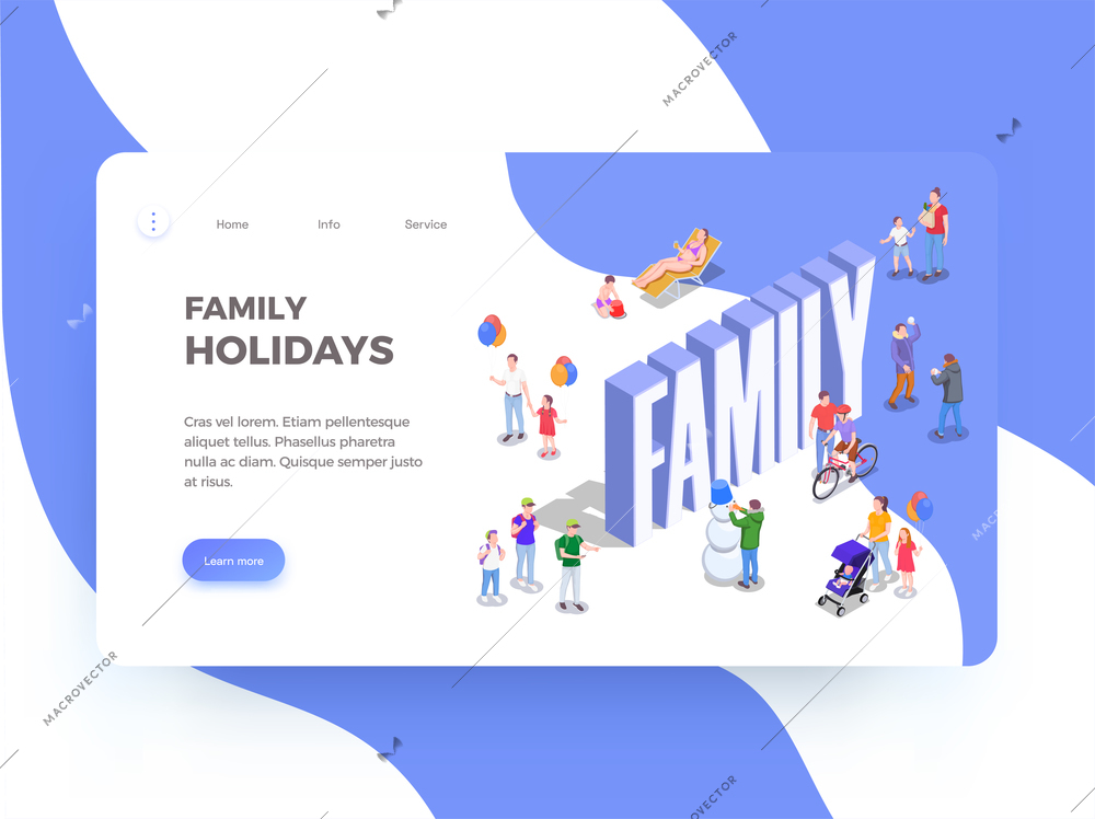 Family holidays isometric web site landing page design with small human characters editable text and links vector illustration