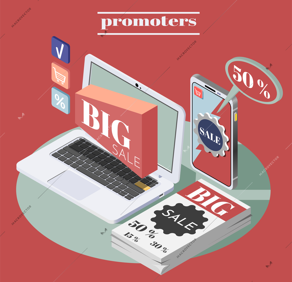 Promoters red poster with big sale advertising on magazine covers and gadget screens isometric vector illustration