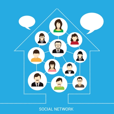 Social network concept with male and female avatars connected in outline house vector illustration