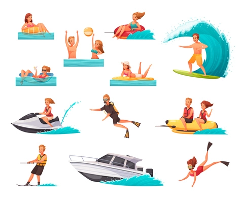 Cartoon set of icons with people doing water sports and playing in sea isolated on white background vector illustration