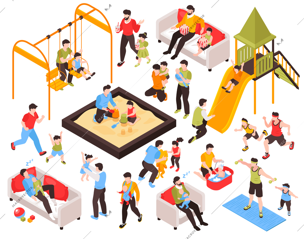 Fatherhood isometric set of fathers engaged in activities or care with their kids isolated vector illustration