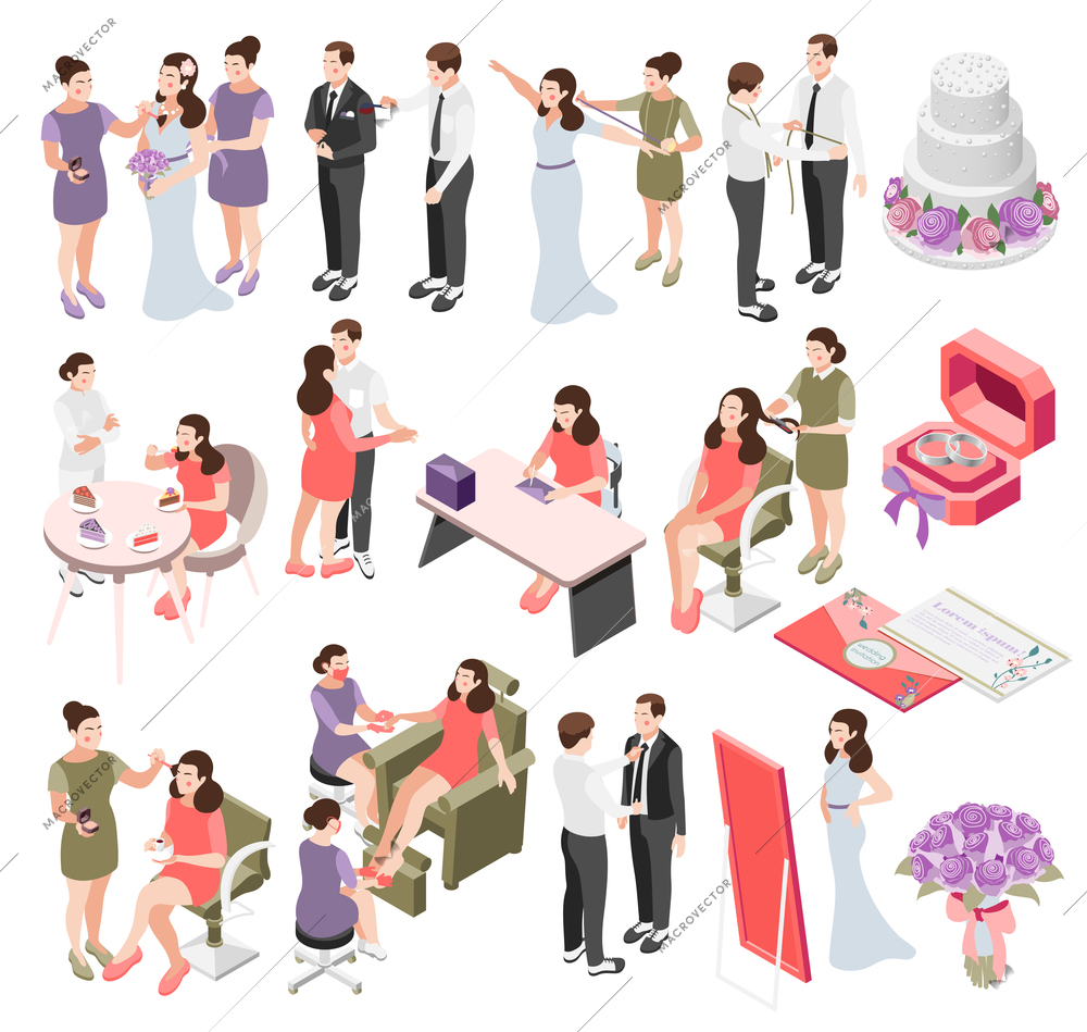 Wedding planning isometric icons set of bride and groom fitting their clothes with tailor doing makeup and hairstyle isometric vector illustration