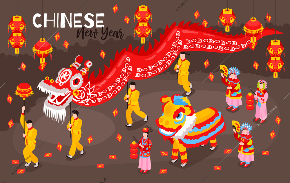Chinese new year colored background with people carrying big layout of red dragon isometric vector illustration