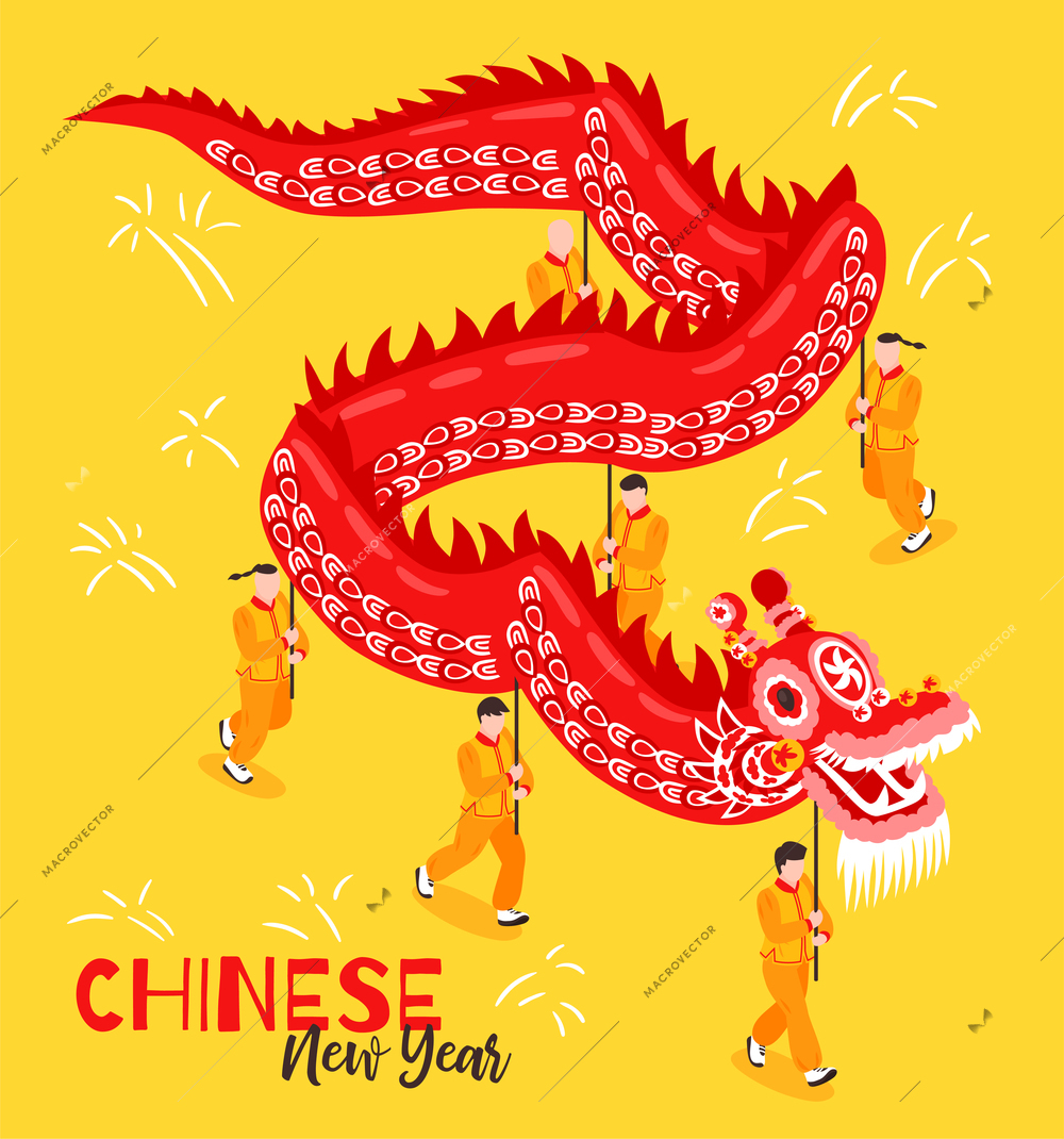 Chinese new year isometric poster in red and gold colors illustrated traditional festive dragon dance cartoon vector illustration