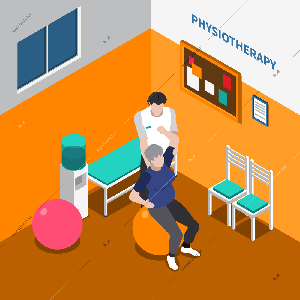 Physiotherapy rehabilitation isometric poster with physiotherapist showing physical exercises to patient using auxiliary tools vector illustration