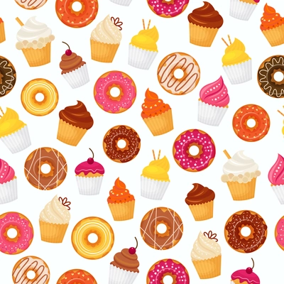 Sweet and tasty food dessert donut and cupcakes seamless pattern vector illustration