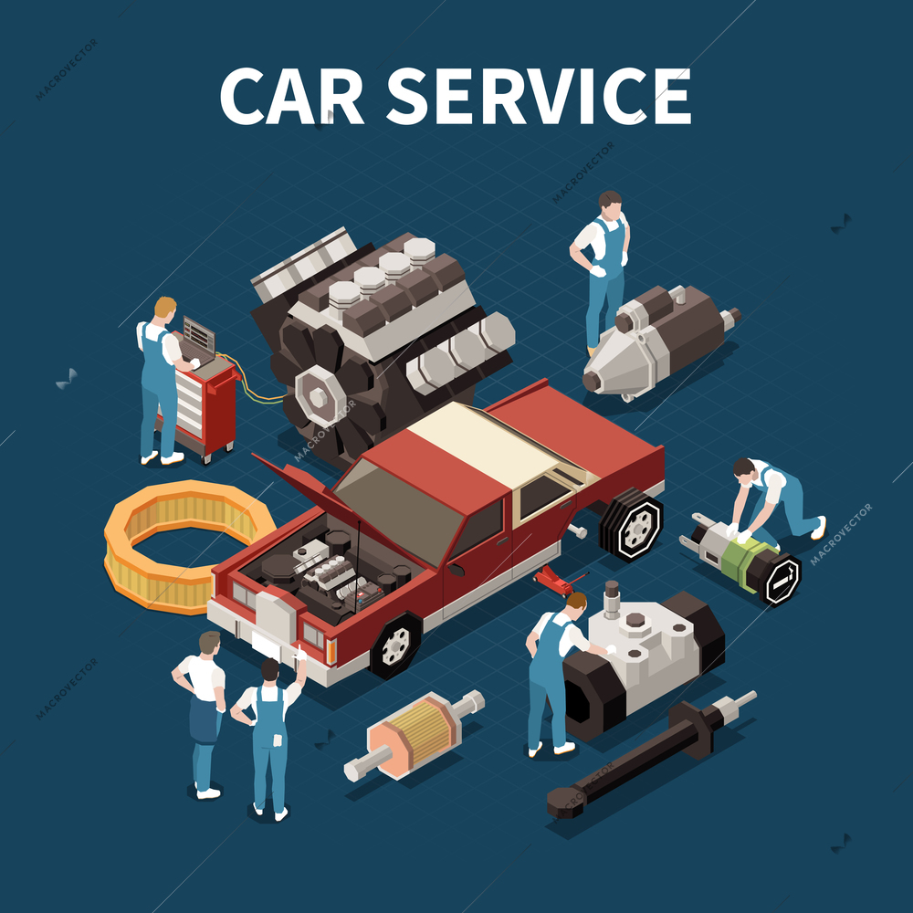 Car service concept with spare parts symbols isometric vector illustration