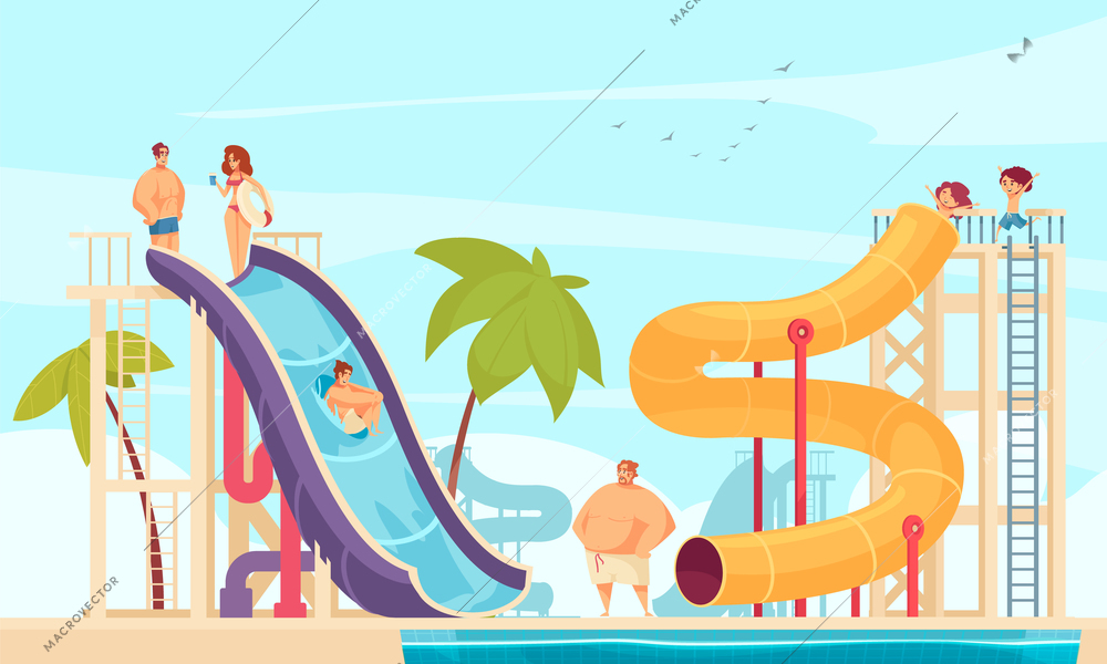 Family holiday in aqua park with tube water slides attractions for all ages comics composition vector illustration