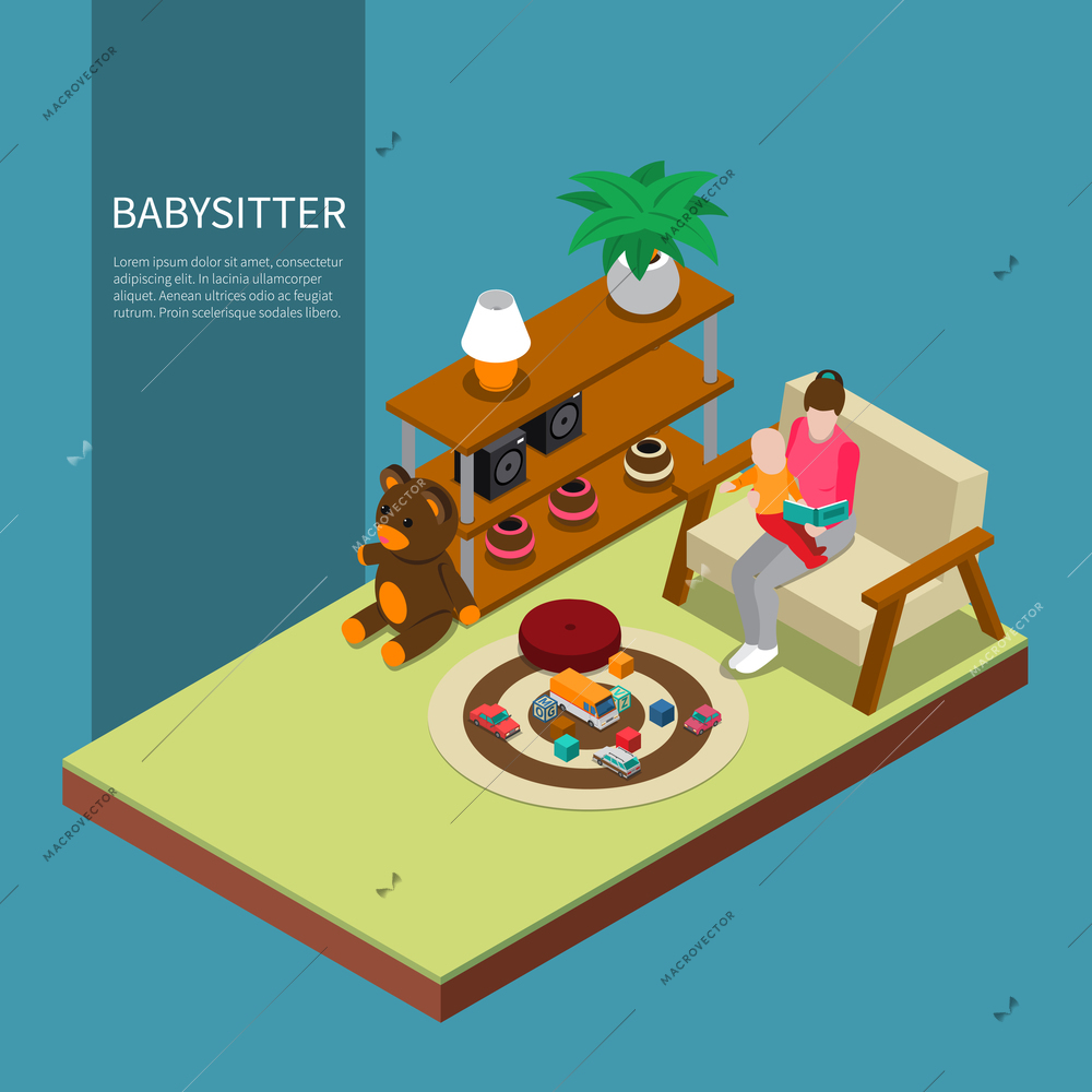 Babysitter isometric composition with young woman reading kid book to little child sitting on her lap vector illustration