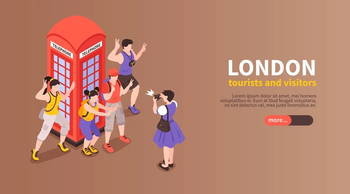 London horizontal banner with tourists and visitors photographed next to red telephone box isometric vector illustration