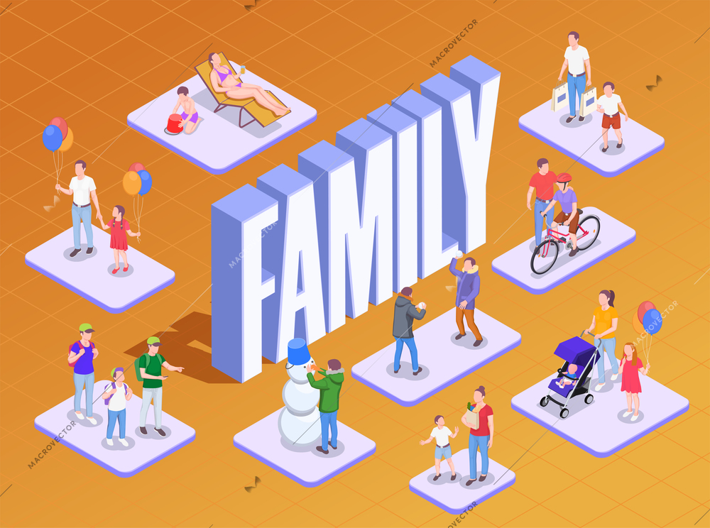 Family holidays isometric composition with 3d text and human characters of adult people children family members vector illustration