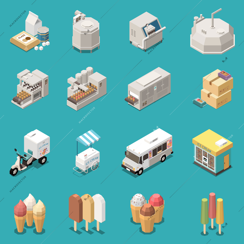 Ice cream production isometric set with manufacture equipment kinds of dessert delivery transport street cart isolated icons vector illustration