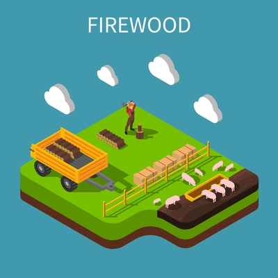 Farmer isometric composition with agricultural worker stabbing firewood on pig farm vector Illustration